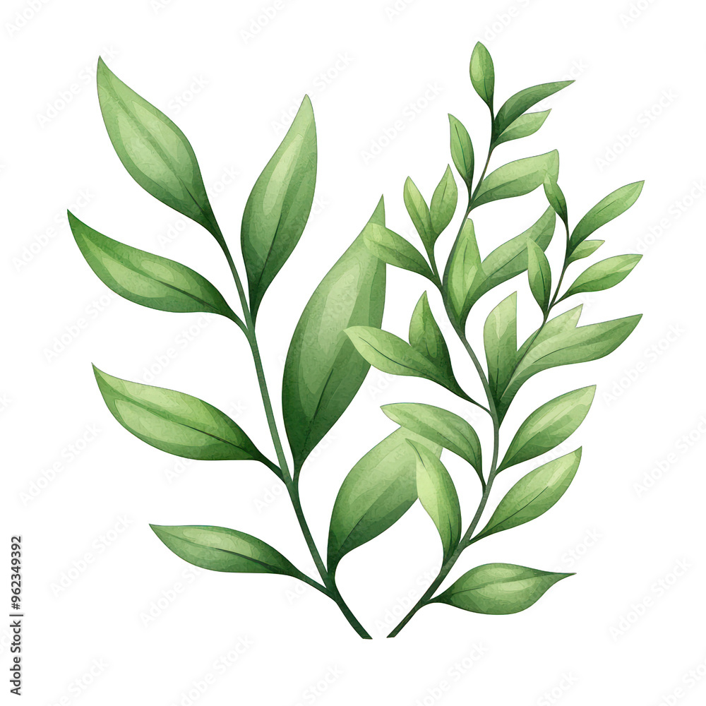 Fototapeta premium Beautiful green leaves arranged artfully, ideal for nature-inspired designs and botanical themes. watercolor style