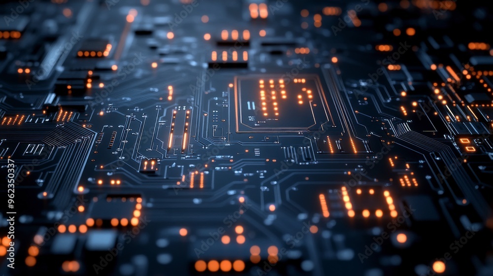 Futuristic Digital Network Circuit Board in Blue and Black Futuristic Digital Network Circuit Board in Blue and Black