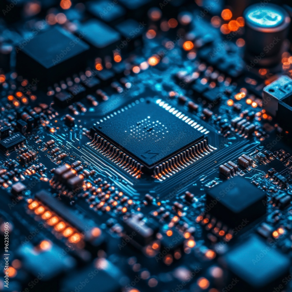 Futuristic Digital Network Circuit Board in Blue and Black Futuristic Digital Network Circuit Board in Blue and Black