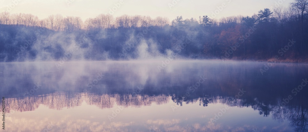 Fototapeta premium Misty Forest Reflected in a Still Lake at Sunrise