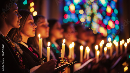 Christmas candlelight service in a church with choir singing and worshippers holding candles, creating a serene and sacred atmosphere