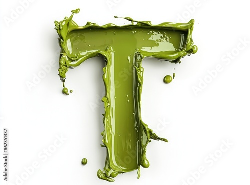 Olive green paint designs the letter T isolated on white background with subtle shadows.