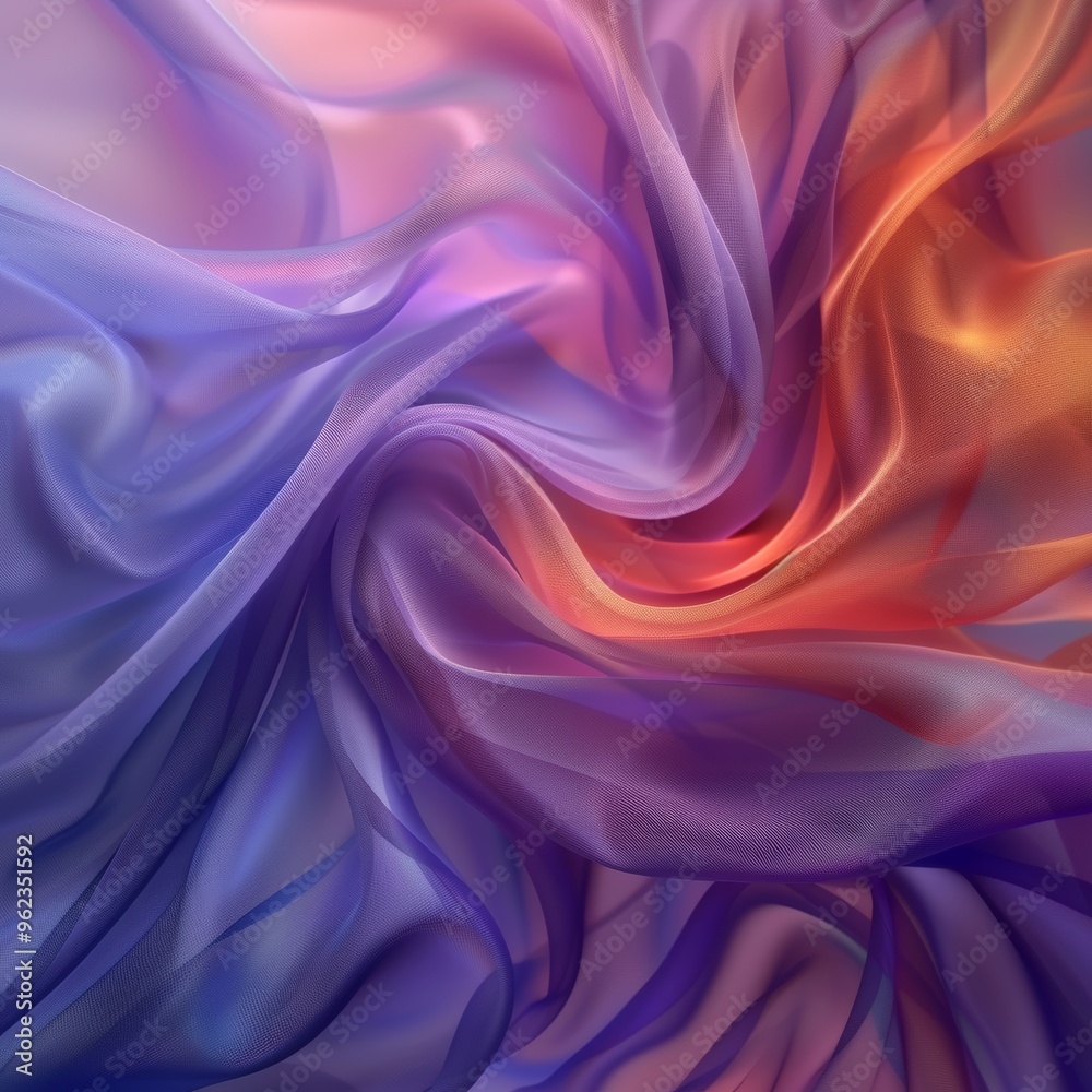 Obraz premium Abstract close-up of swirling silk fabric in vibrant purple and orange tones. The interplay of colors and the smooth, flowing texture create a dynamic and luxurious feel, ideal for creative designs