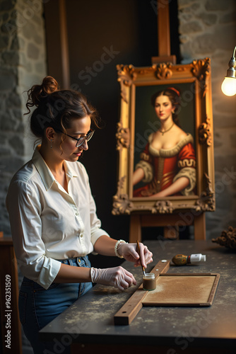 Restoring 17th century oil painting in studio