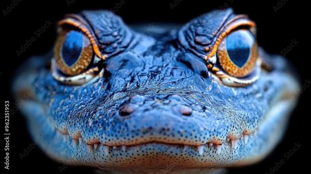 Close-up of a blue alligator's face with its eyes looking directly at the camera.