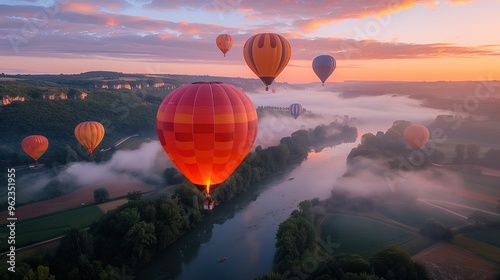 Multicolored balloon party in the skies of a town at sunset.