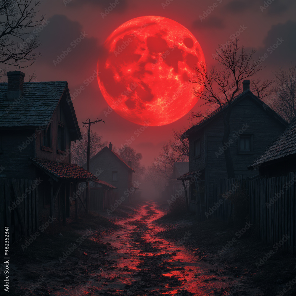 Verlassene Landschaft unter einem roten Mond Verlassene Landschaft unter einem roten Mond