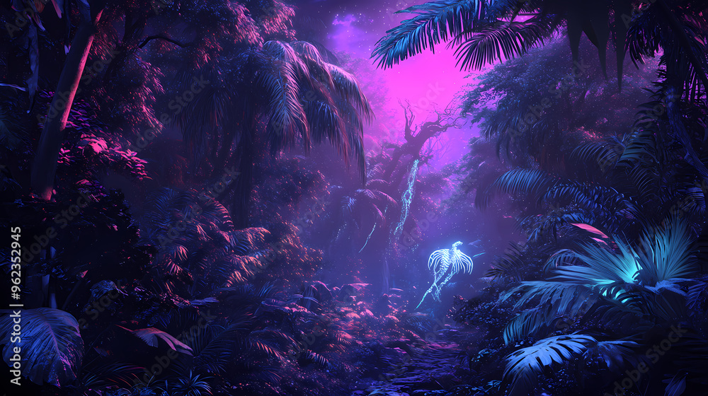 Surreal alien jungle with bioluminescent trees and vibrant glowing flora, illuminated with neon purple, blue, and pink hues, creating a mystical and otherworldly atmosphere Surreal alien jungle with bioluminescent trees and vibrant glowing flora, illuminated with neon purple, blue, and pink hues, creating a mystical and otherworldly atmosphere