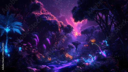 Surreal alien jungle with bioluminescent trees and vibrant glowing flora, illuminated with neon purple, blue, and pink hues, creating a mystical and otherworldly atmosphere photo