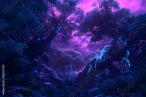 Surreal alien jungle with bioluminescent trees and vibrant glowing flora, illuminated with neon purple, blue, and pink hues, creating a mystical and otherworldly atmosphere photo