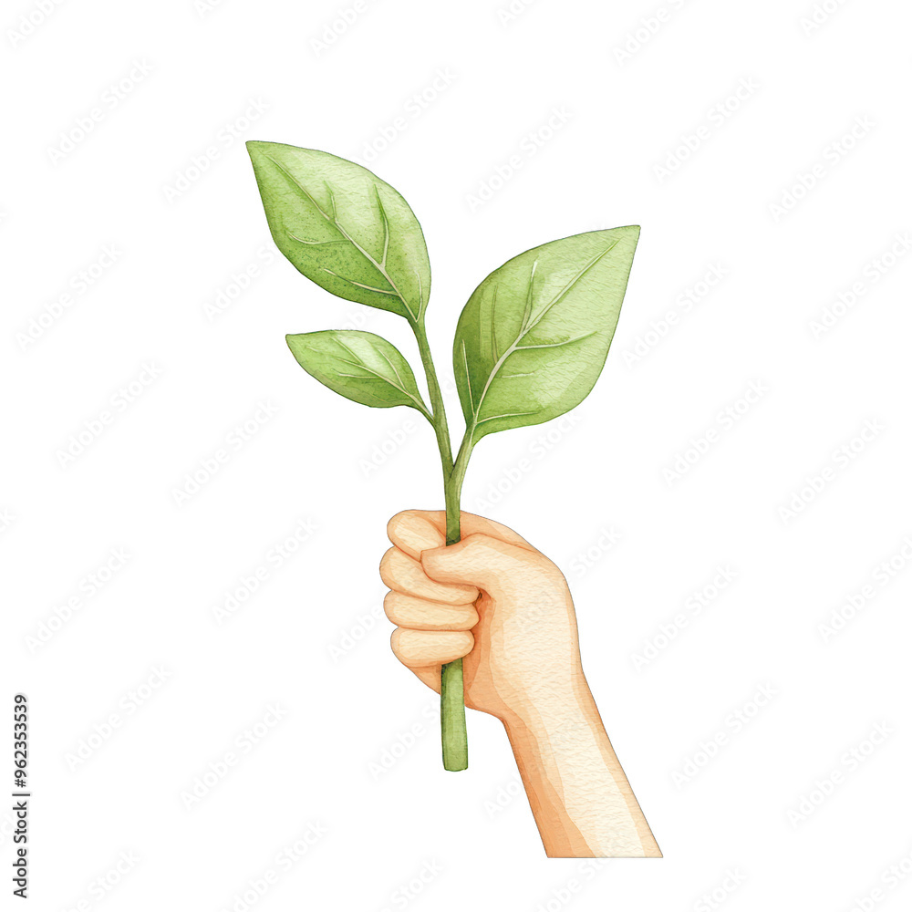 A hand holding a green sprout symbolizes growth, nature, and environmental awareness, emphasizing the importance of plant life. watercolor style A hand holding a green sprout symbolizes growth, nature, and environmental awareness, emphasizing the importance of plant life. watercolor style