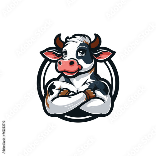 Cow mascot logo. Vector illustration of a cow with crossed arms.