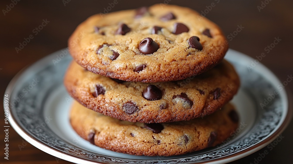 A stack of three freshly baked chocolate chip cookies on a white plate. A stack of three freshly baked chocolate chip cookies on a white plate.