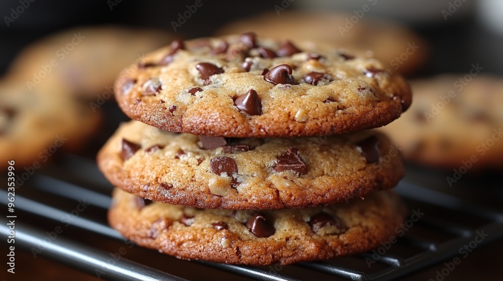 Three freshly baked chocolate chip cookies stacked on a wire rack. Three freshly baked chocolate chip cookies stacked on a wire rack.