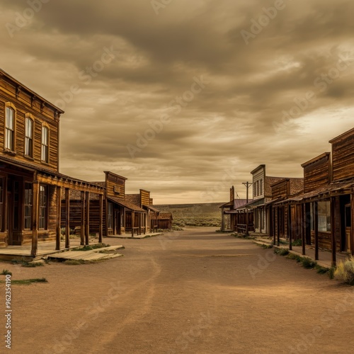 Classic wild west town with vintage buildings, deserted streets, and a warm sunset casting long shadows, creating a timeless scene reminiscent of historic American frontier settlements.