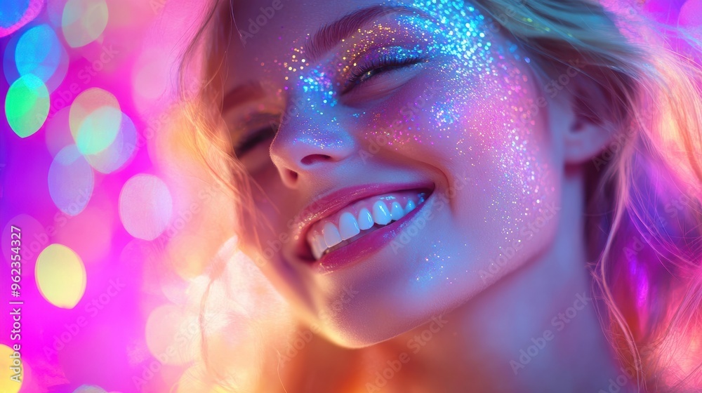 Joyful caucasian blonde woman is surrounded by vibrant marble texture colorful background and some.bokeh lights, her smile full of energy. The playful scene fits themes of celebration and fun. Joyful caucasian blonde woman is surrounded by vibrant marble texture colorful background and some.bokeh lights, her smile full of energy. The playful scene fits themes of celebration and fun.