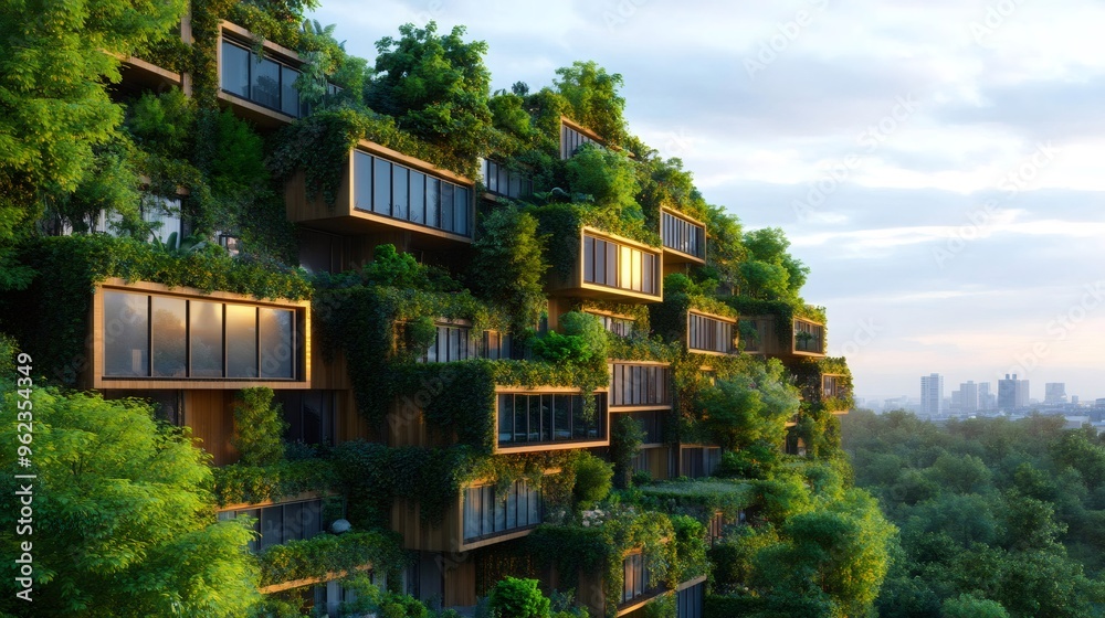 A modern, sustainable building with a lush green exterior and windows reflecting the golden hour sunlight. A modern, sustainable building with a lush green exterior and windows reflecting the golden hour sunlight.