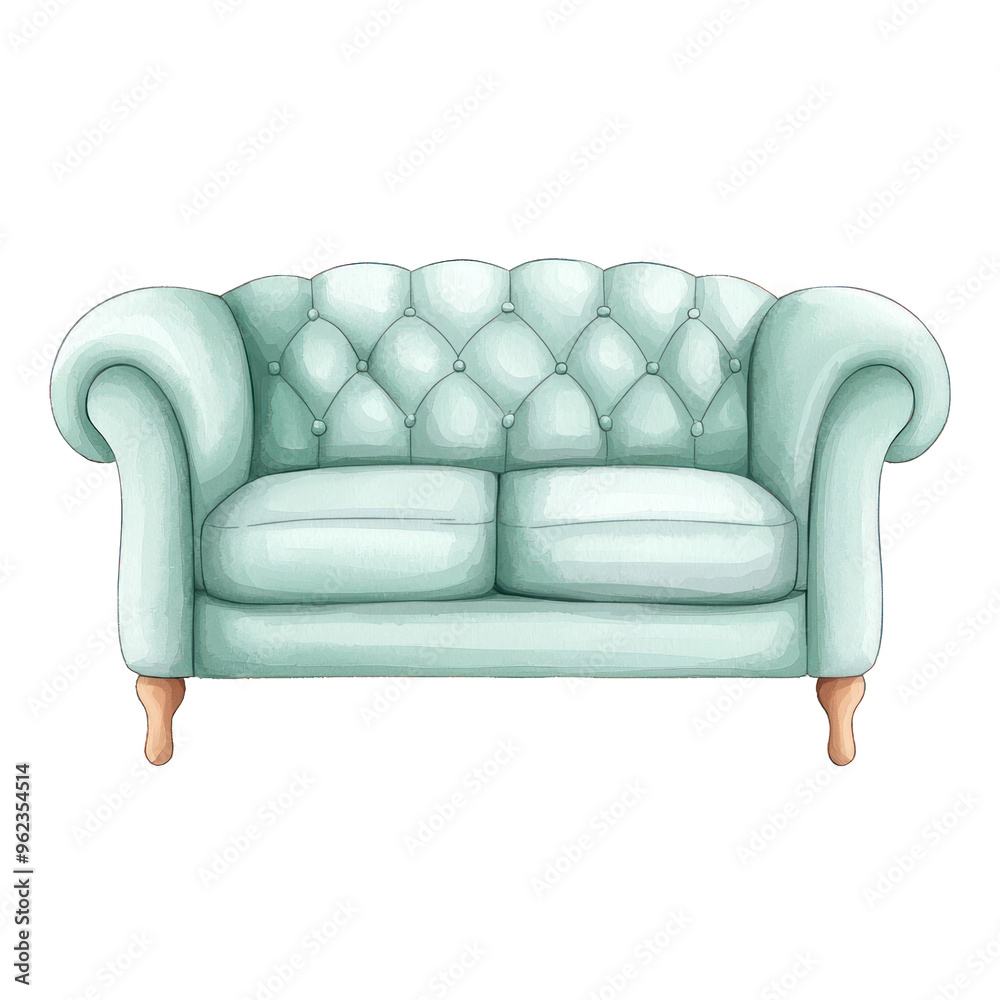 A stylish mint green tufted sofa, perfect for adding charm to any living space or photography project. watercolor style A stylish mint green tufted sofa, perfect for adding charm to any living space or photography project. watercolor style