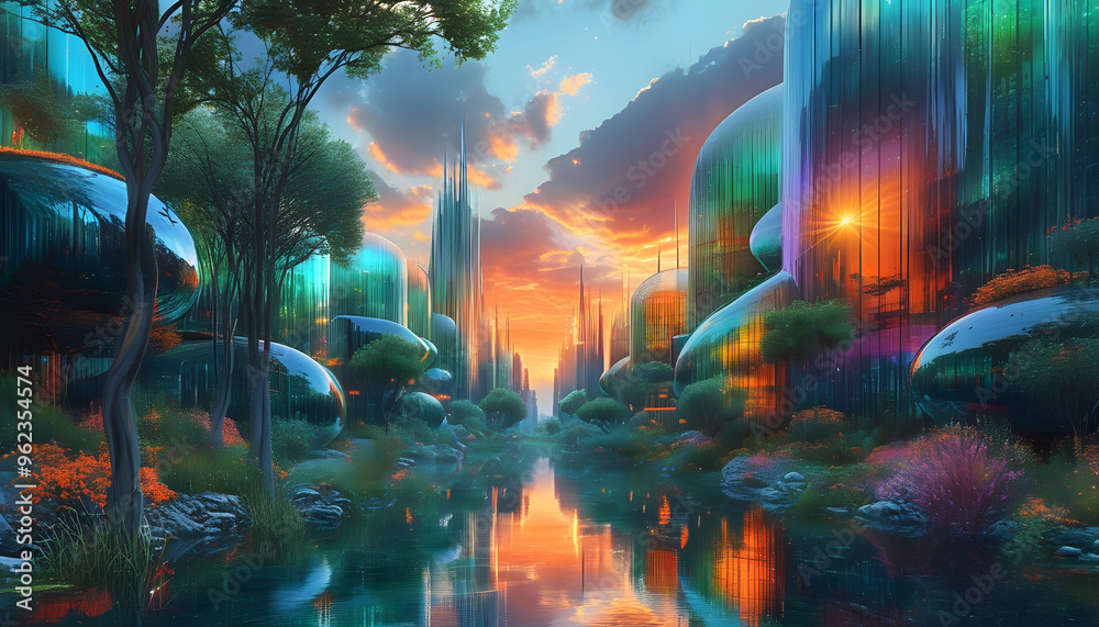 Obraz premium Futuristic Cityscape with Reflective Buildings and Water Reflections at Sunset