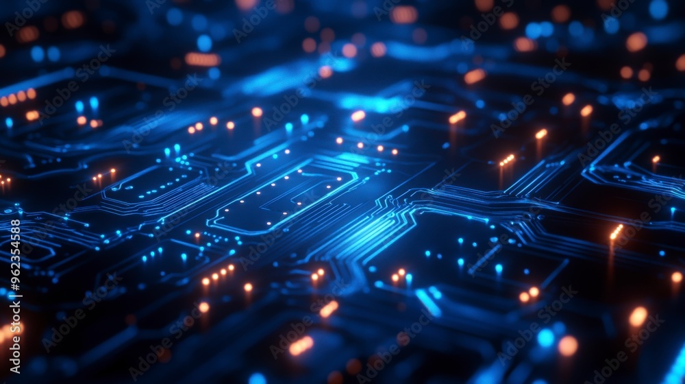 Futuristic Digital Network Circuit Board in Blue and Black Futuristic Digital Network Circuit Board in Blue and Black