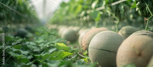 Green Orgranic Melons Fruit Or Cantaloupe In Melons Farm Plant Green House photo