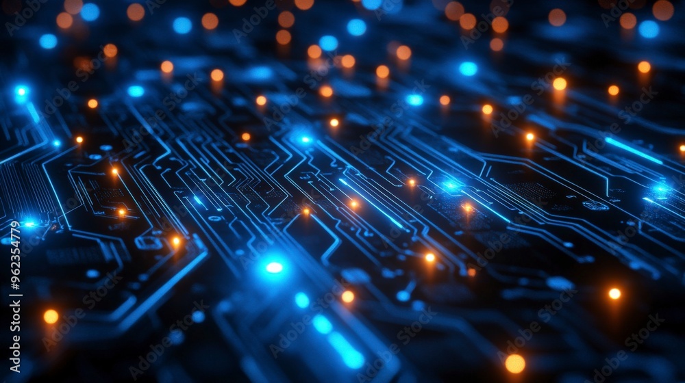 Futuristic Digital Network Circuit Board in Blue and Black Futuristic Digital Network Circuit Board in Blue and Black