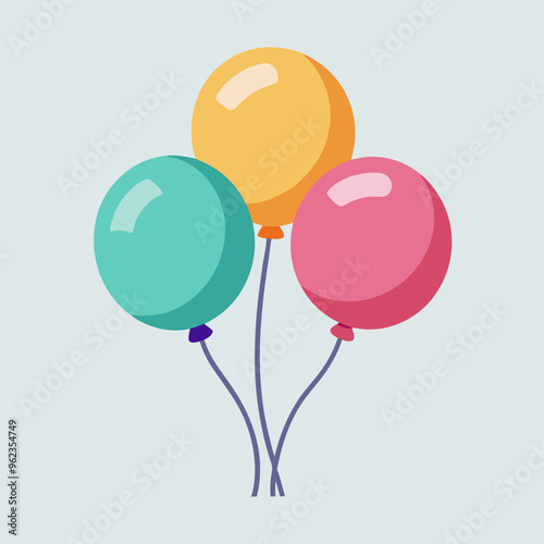 Colorful balloons tied with string on a pristine white background