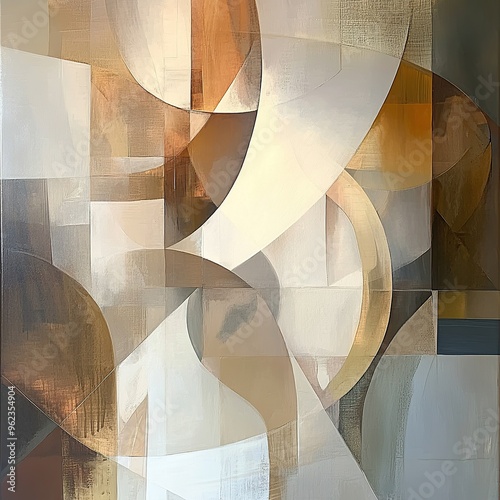An abstract painting of shapes and lines in shades of brown, beige, white, and light gray