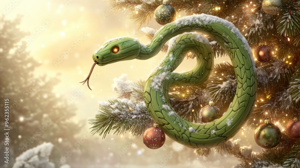 Illustration for a greeting or postcard for the new year 2025 of the female green wood snake Illustration for a greeting or postcard for the new year 2025 of the female green wood snake