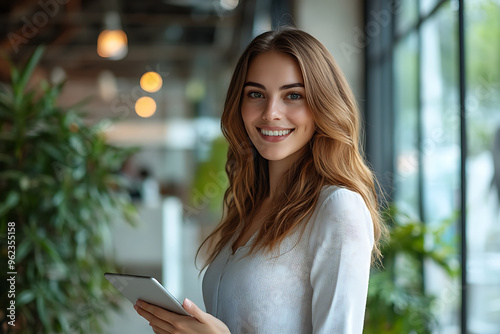 Confident Young Businesswoman Holding Tablet in Stylish Modern Office Environment