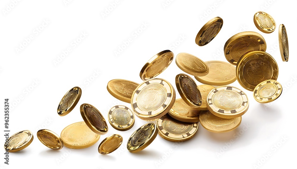 Golden casino chips falling, cut out