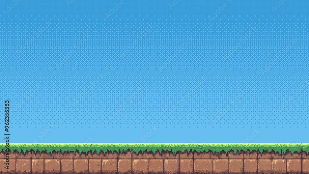 pixel art retro game level, 8 bit 2d video game background, pixel template. stones, grass and blue sky. Vector illustration