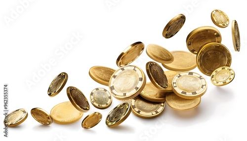 Golden casino chips falling, cut out