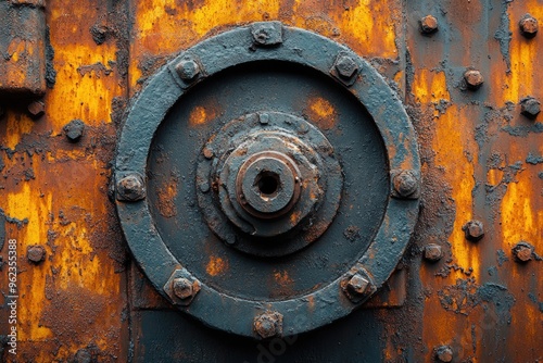 Close-up of a rusty metal surface with a circular gear and bolts.