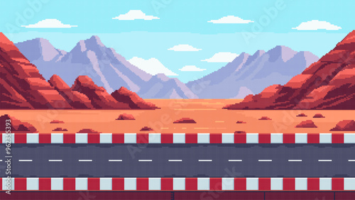 pixel art racing game level background, pixel retro design, 8 bit image, 2d racing track, mountains, blue sky, race arcade vector illustration
