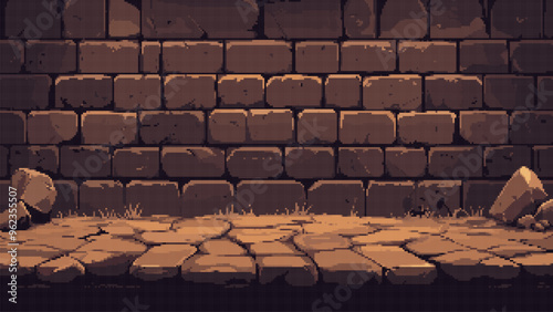pixel art 8 bit retro game level background, dungeon, wall of stones, masonry, adventure underground, dark stone platform, vector illustration