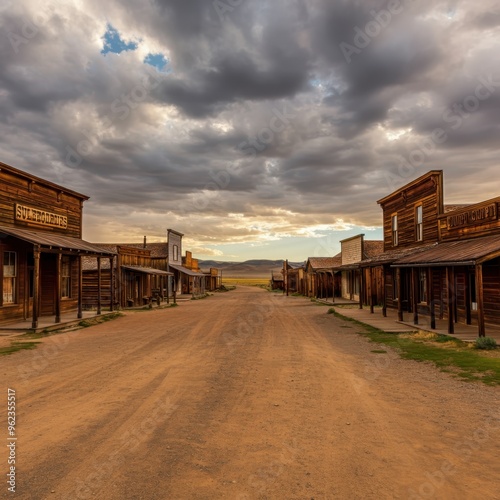 Classic wild west town with vintage buildings, deserted streets, and a warm sunset casting long shadows, creating a timeless scene reminiscent of historic American frontier settlements.