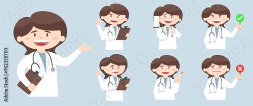 A set of cartoon doctor images in various poses for use in graphic design projects