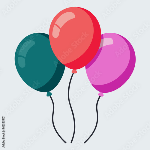 Three colorful balloons fly in the air on a white background