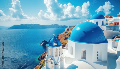 Blue-Domed Church on Santorini Island with a View of the Aegean Sea