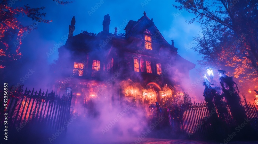 Fototapeta premium A spooky, mysterious, and ominous Victorian house with glowing windows and smoke is seen through an iron gate on a foggy, moonlit night.