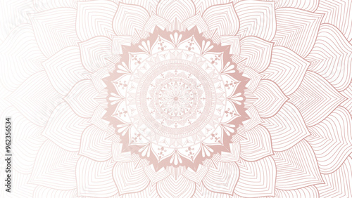 Round mandala on dreamy peach fuzz gradient background. Translucent mesh pattern in the form of a mandala. Mandala with floral patterns. Pastel Yoga template. Gradient background with round mandala
