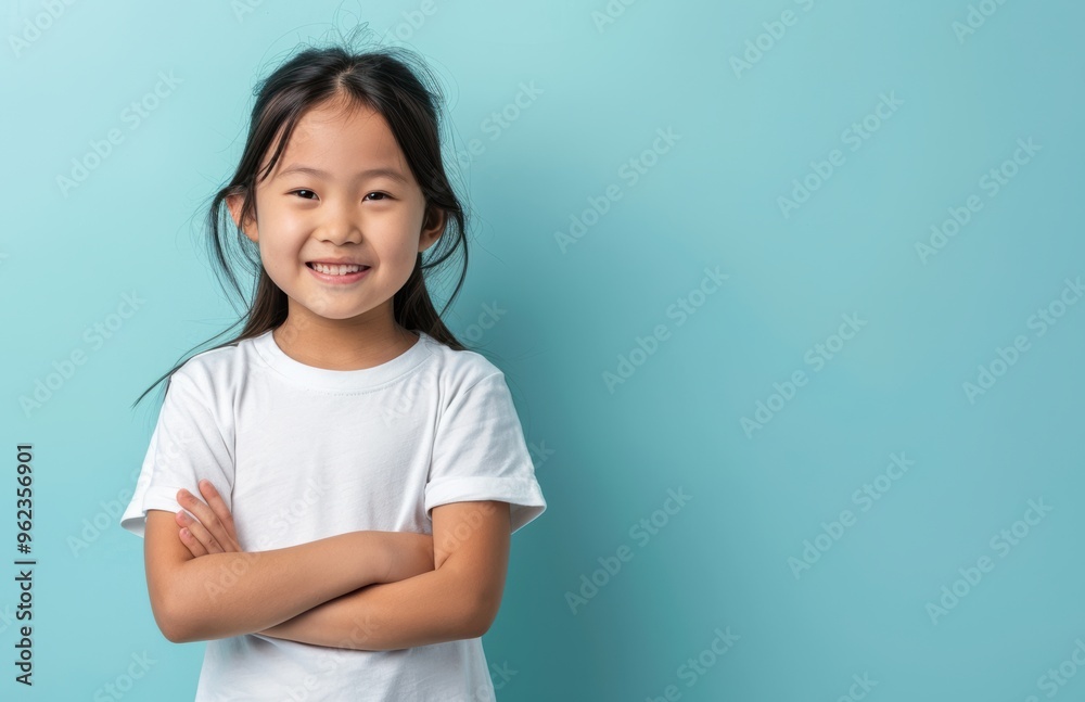 A smiling young girl with dark hair and a white shirt stands against a teal background with her arms crossed. Her bright eyes and happy expression convey a sense of joy and charm. A smiling young girl with dark hair and a white shirt stands against a teal background with her arms crossed. Her bright eyes and happy expression convey a sense of joy and charm.