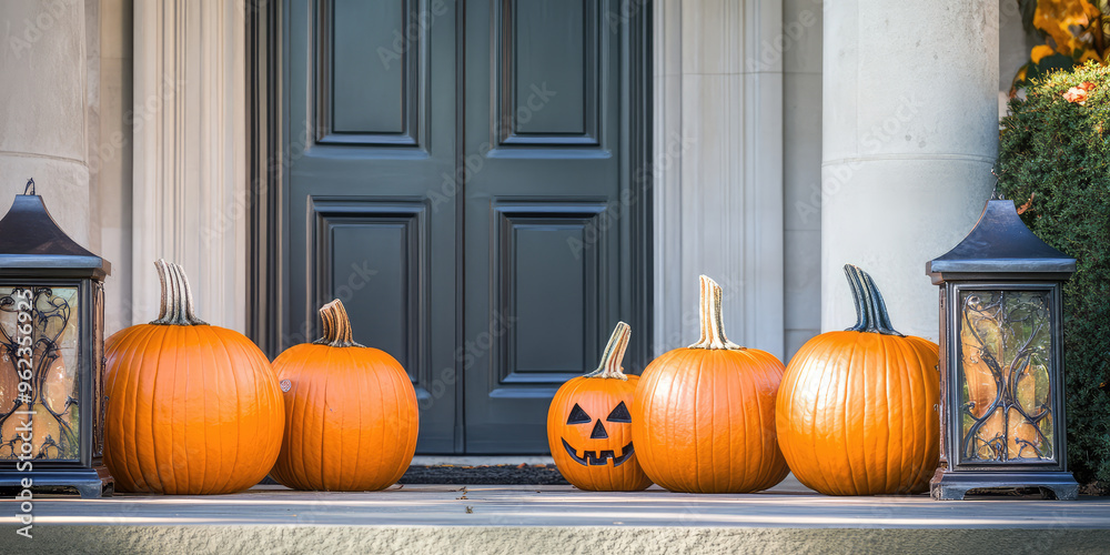 Front porch halloween decor. Festive exterior of a country house with pumpkins and lanterns Front porch halloween decor. Festive exterior of a country house with pumpkins and lanterns