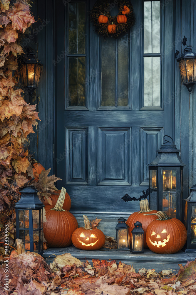 Obraz premium Front porch halloween decor. Festive exterior of a country house with pumpkins and lanterns