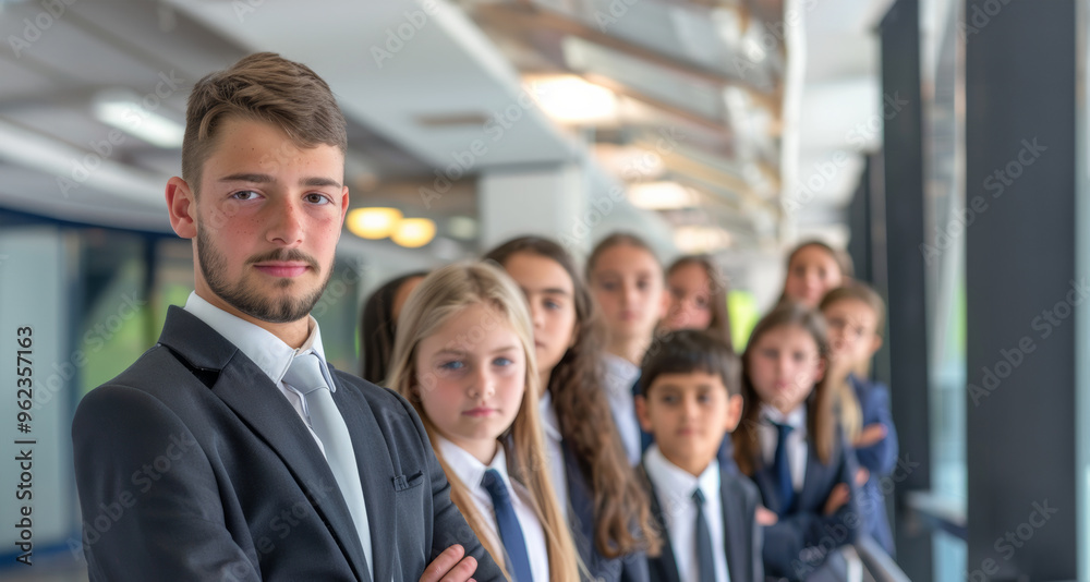 A group of children dressed in business attire standing confidently in an office setting. Their serious expressions and professional appearance emphasize ambition and leadership. A group of children dressed in business attire standing confidently in an office setting. Their serious expressions and professional appearance emphasize ambition and leadership.