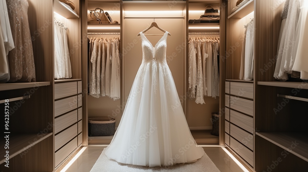 A white wedding gown hangs in a walk-in closet with shelves and drawers. A white wedding gown hangs in a walk-in closet with shelves and drawers.
