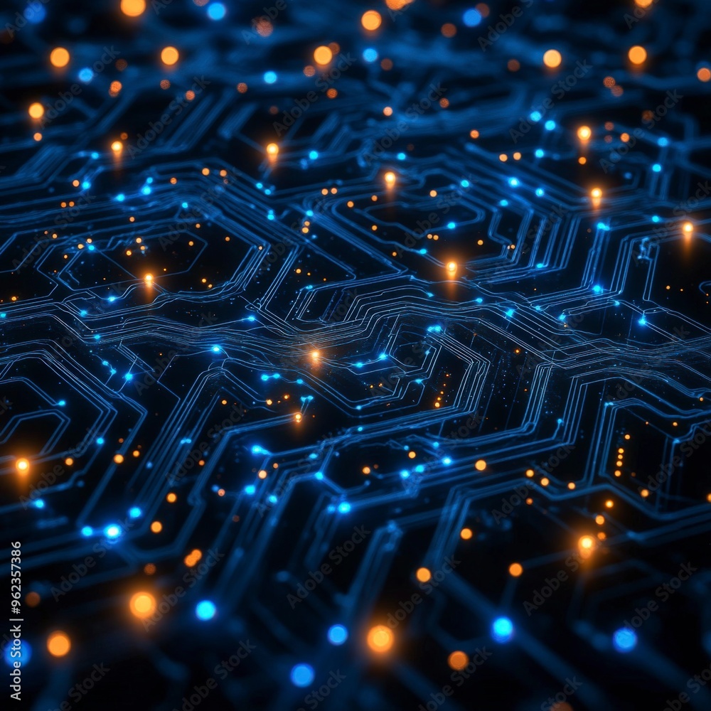 Futuristic Digital Network Circuit Board in Blue and Black Futuristic Digital Network Circuit Board in Blue and Black