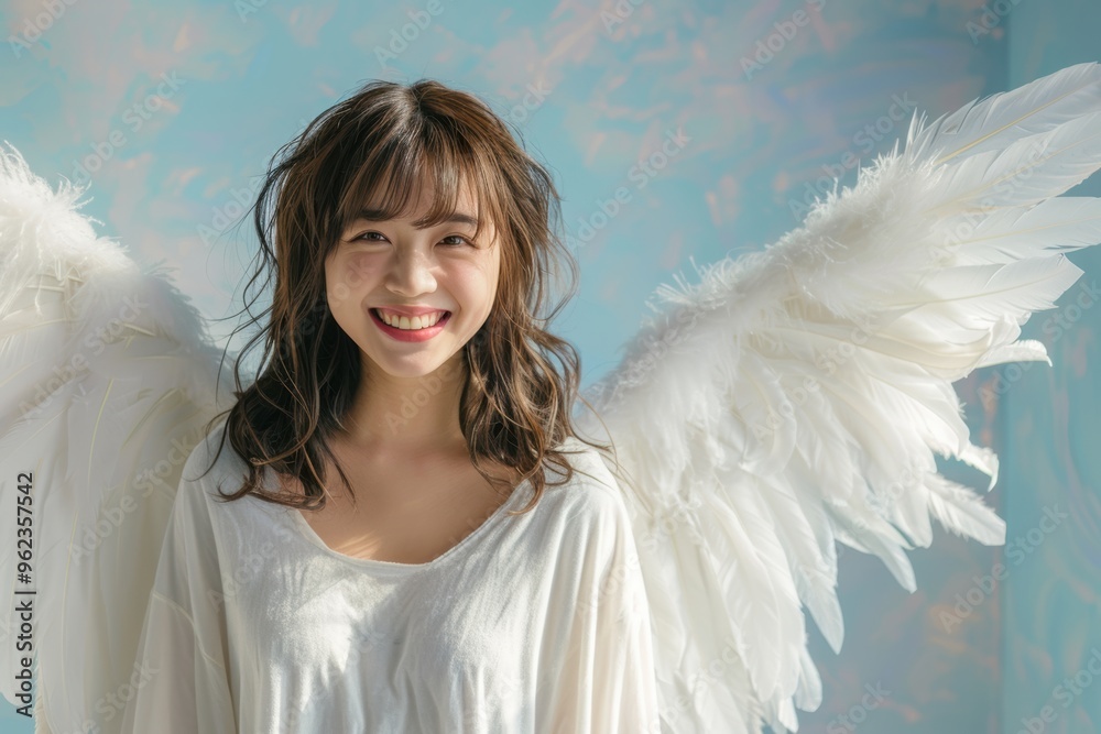 A lovely young Asian lady dressed as an angel, complete with white feathered wings, stands in front of a soft, pastel backdrop. Her genuine smile create a sense of peace and elegance, A lovely young Asian lady dressed as an angel, complete with white feathered wings, stands in front of a soft, pastel backdrop. Her genuine smile create a sense of peace and elegance,