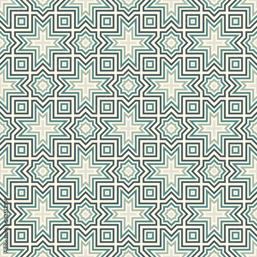 Seamless surface design with arabic ornament. Moroccan stars and crosses motif. Oriental traditional pattern with repeated mosaic tile. Tracery window wallpaper. Arabesque digital paper, textile print